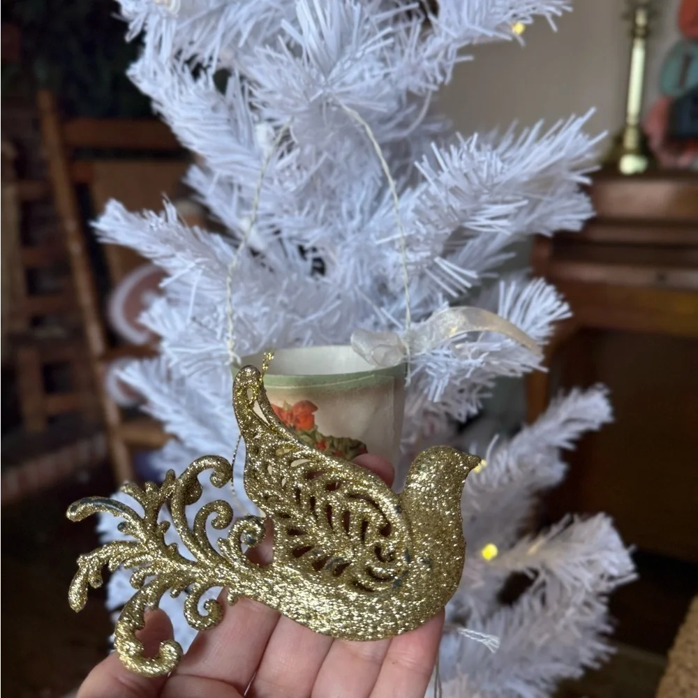 Vintage 1994 Gold Glitter Peacock Bird & Wreath Bucket Ornament - Holiday Decor